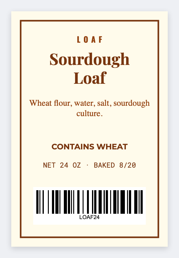 Bakery ingredient sample from the free label maker