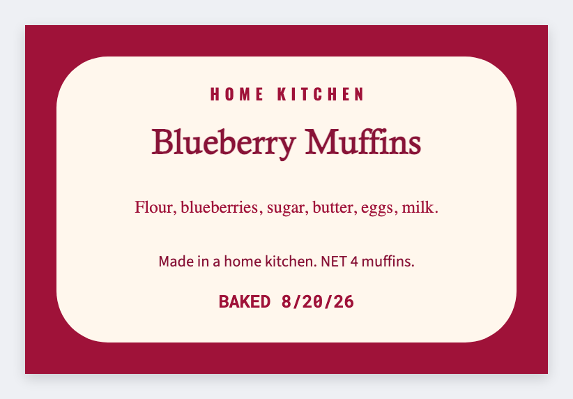 Cottage food sample from the free label maker
