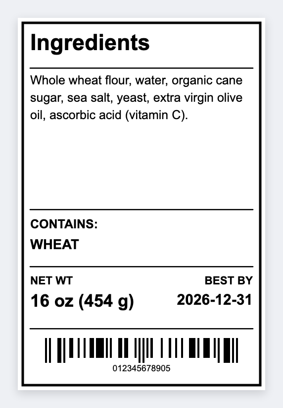 Ingredients label sample from the free label maker