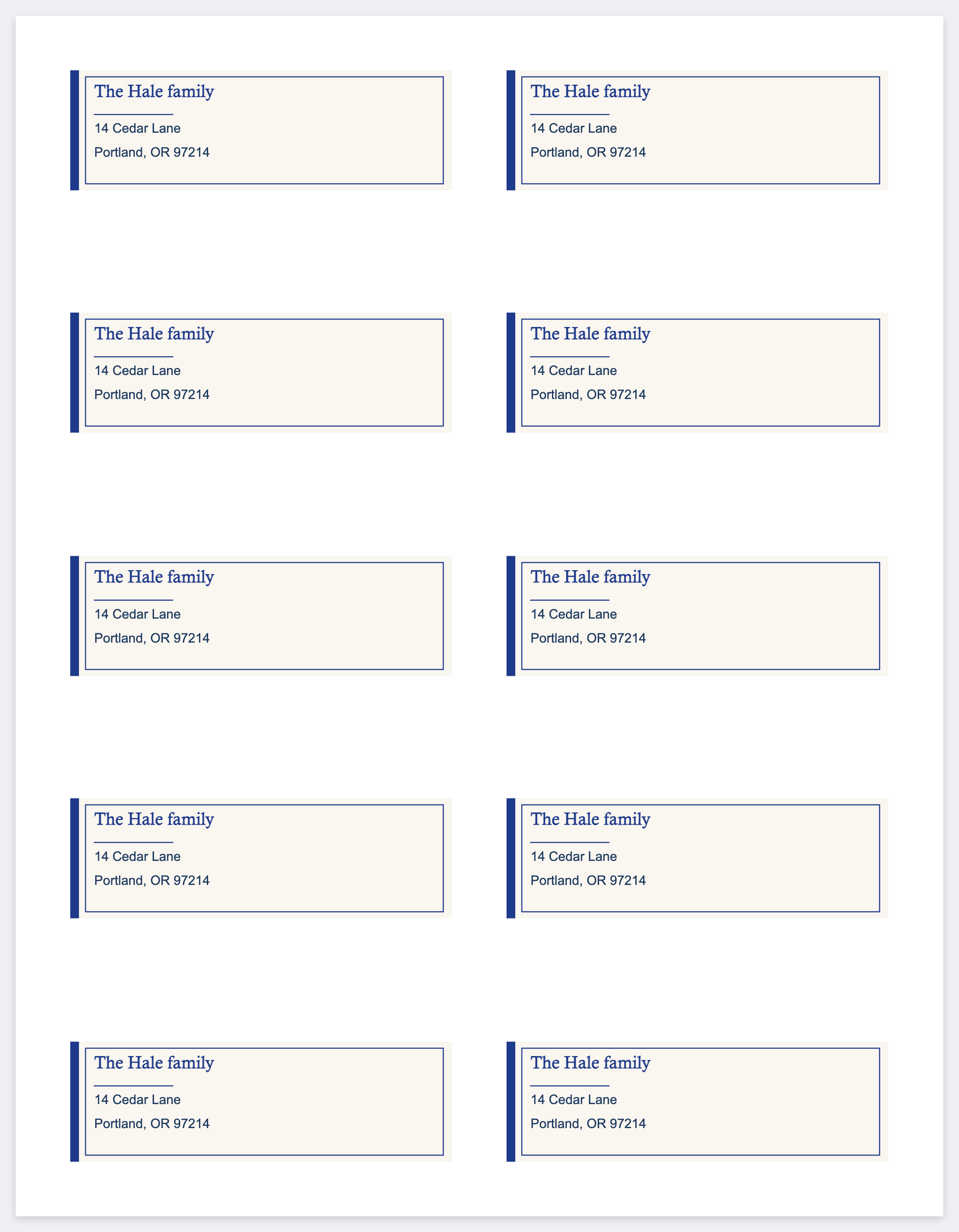 Ten address labels on a letter page