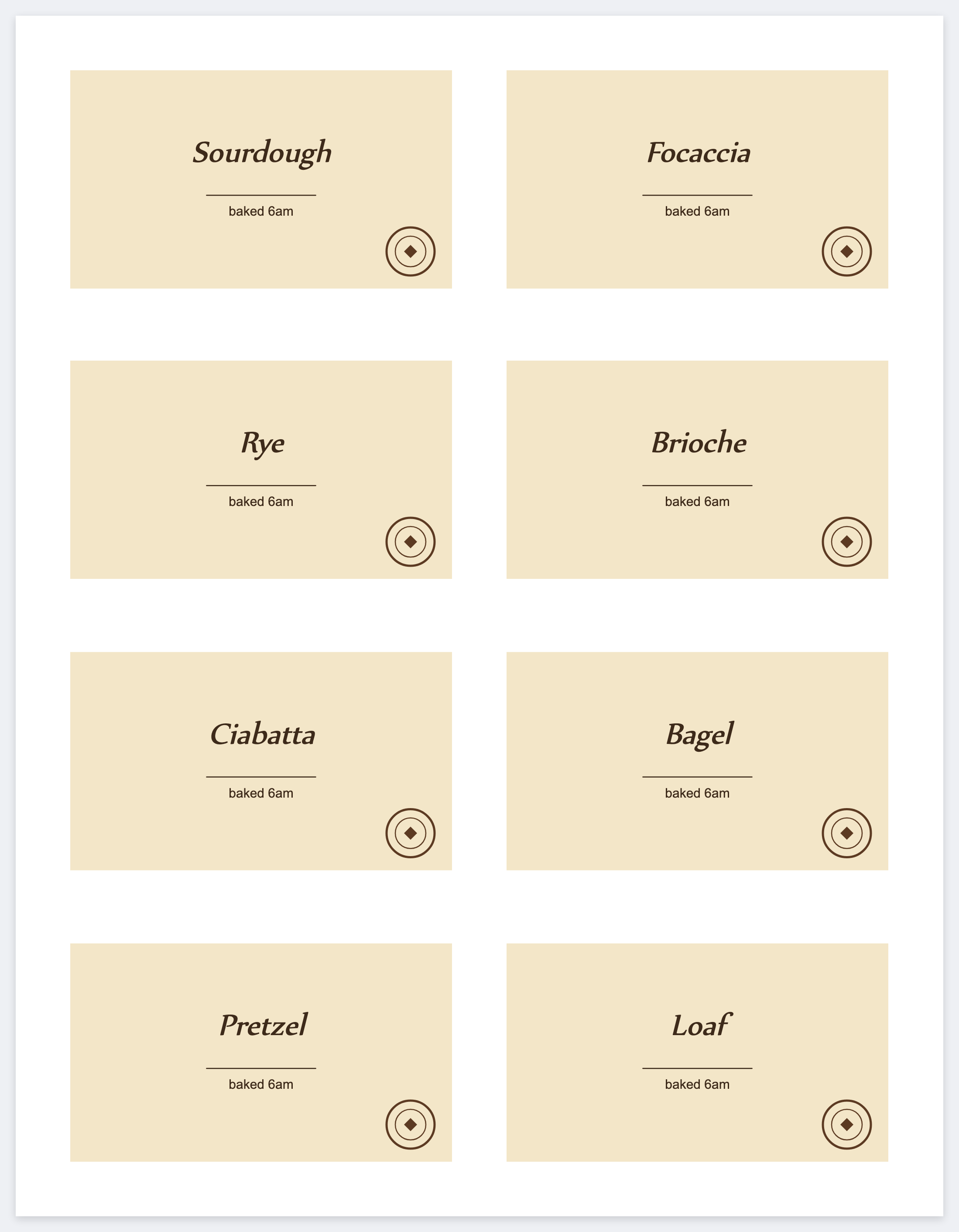 Eight bakery loaf labels on a letter page