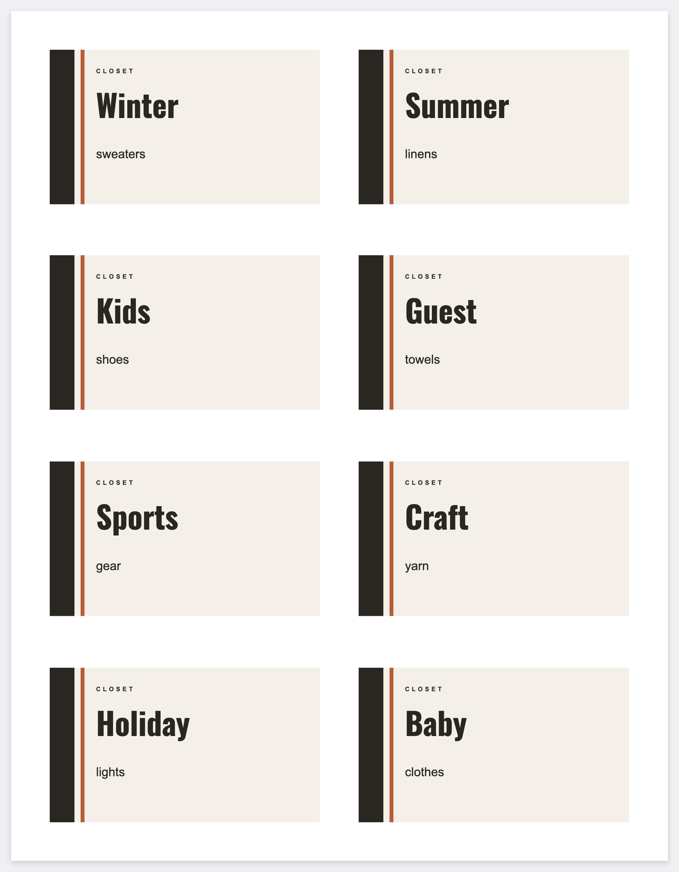 Eight closet bin labels on a letter page