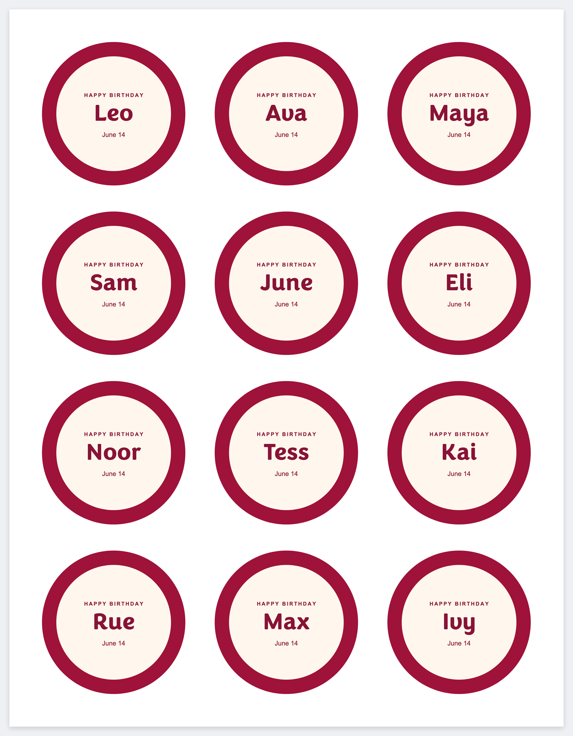 Twelve cupcake toppers on a letter page