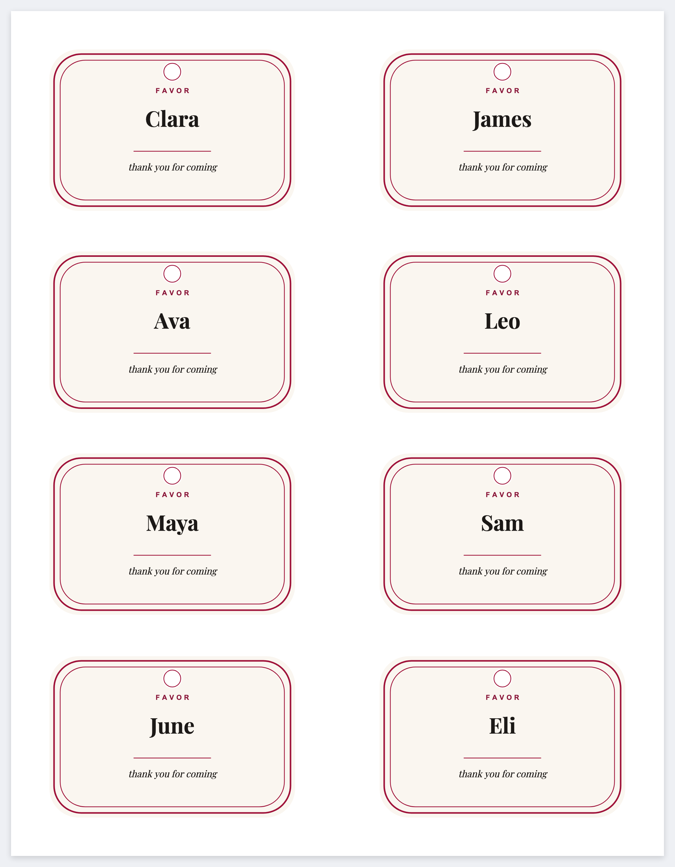 Eight favor tags on a letter page