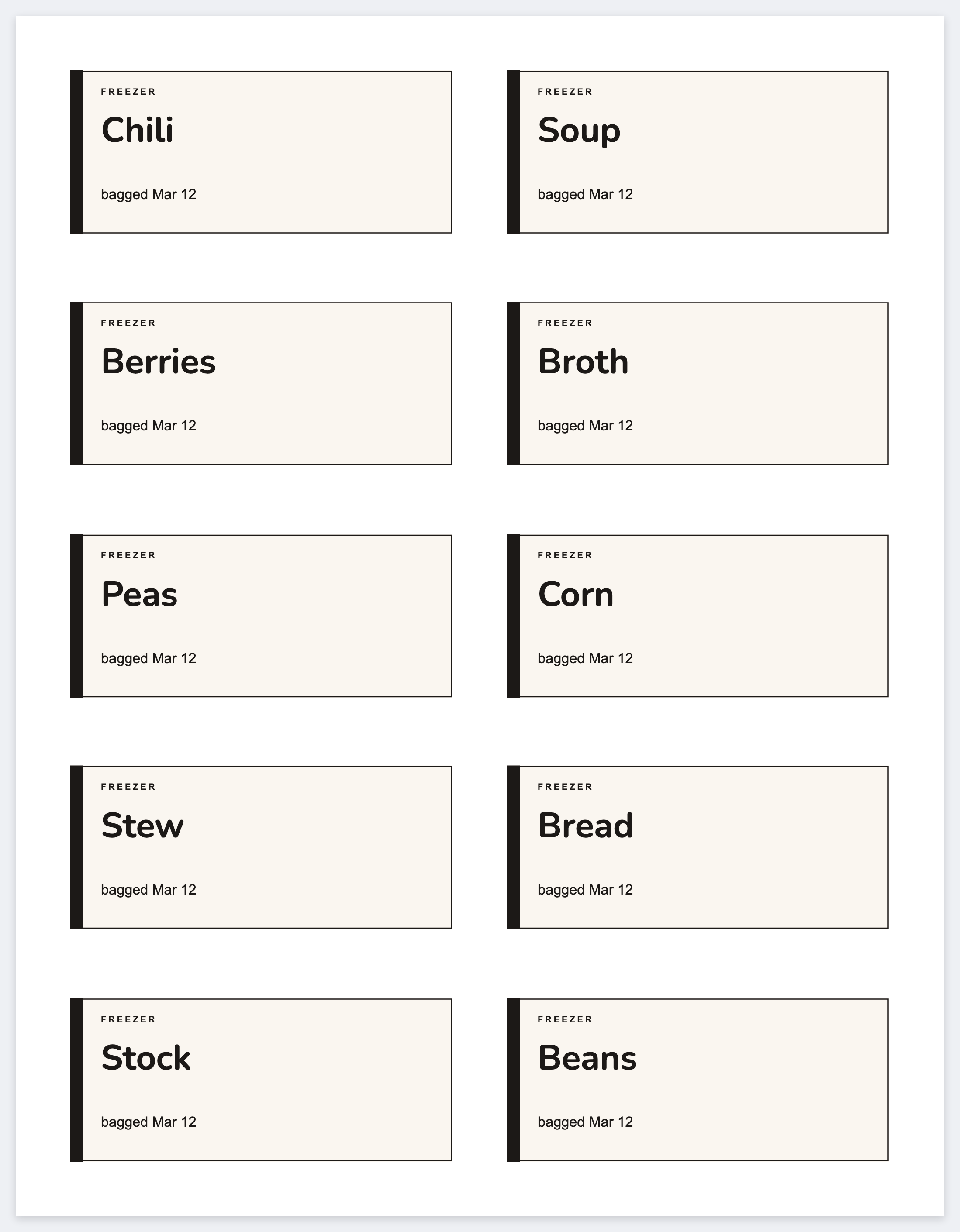 Ten freezer bag labels on a letter page