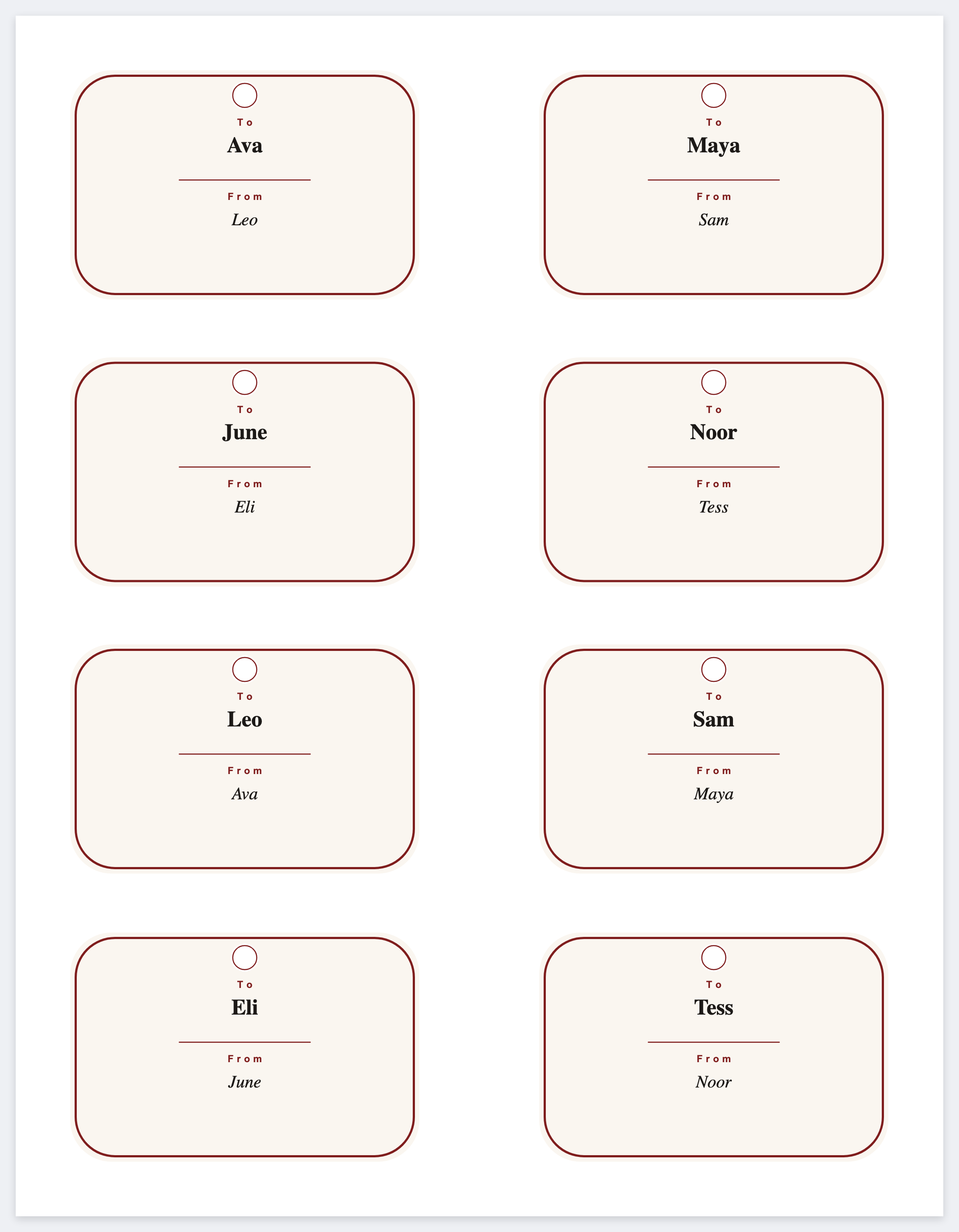 Eight gift tags on a letter page