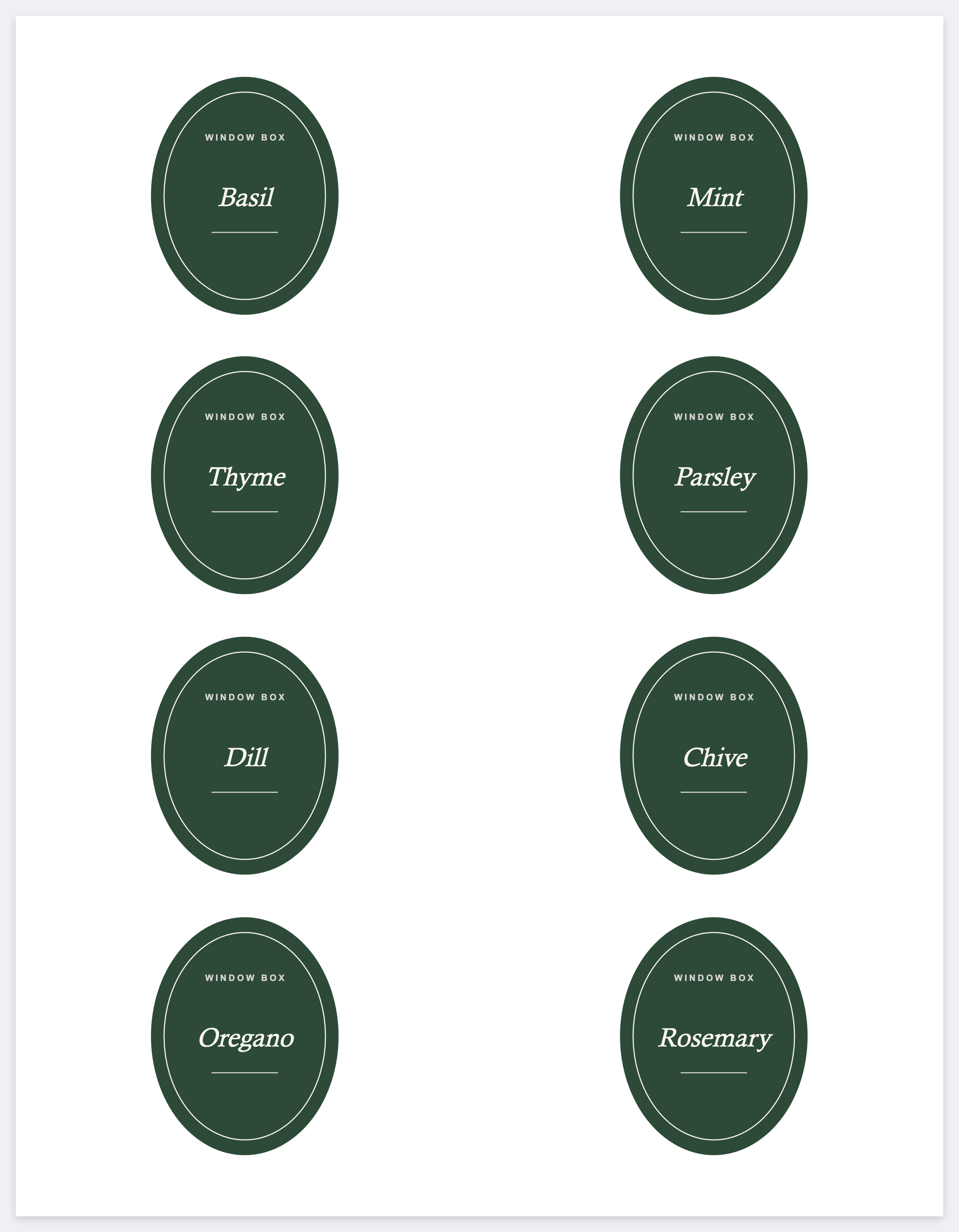 Eight herb stakes on a letter page