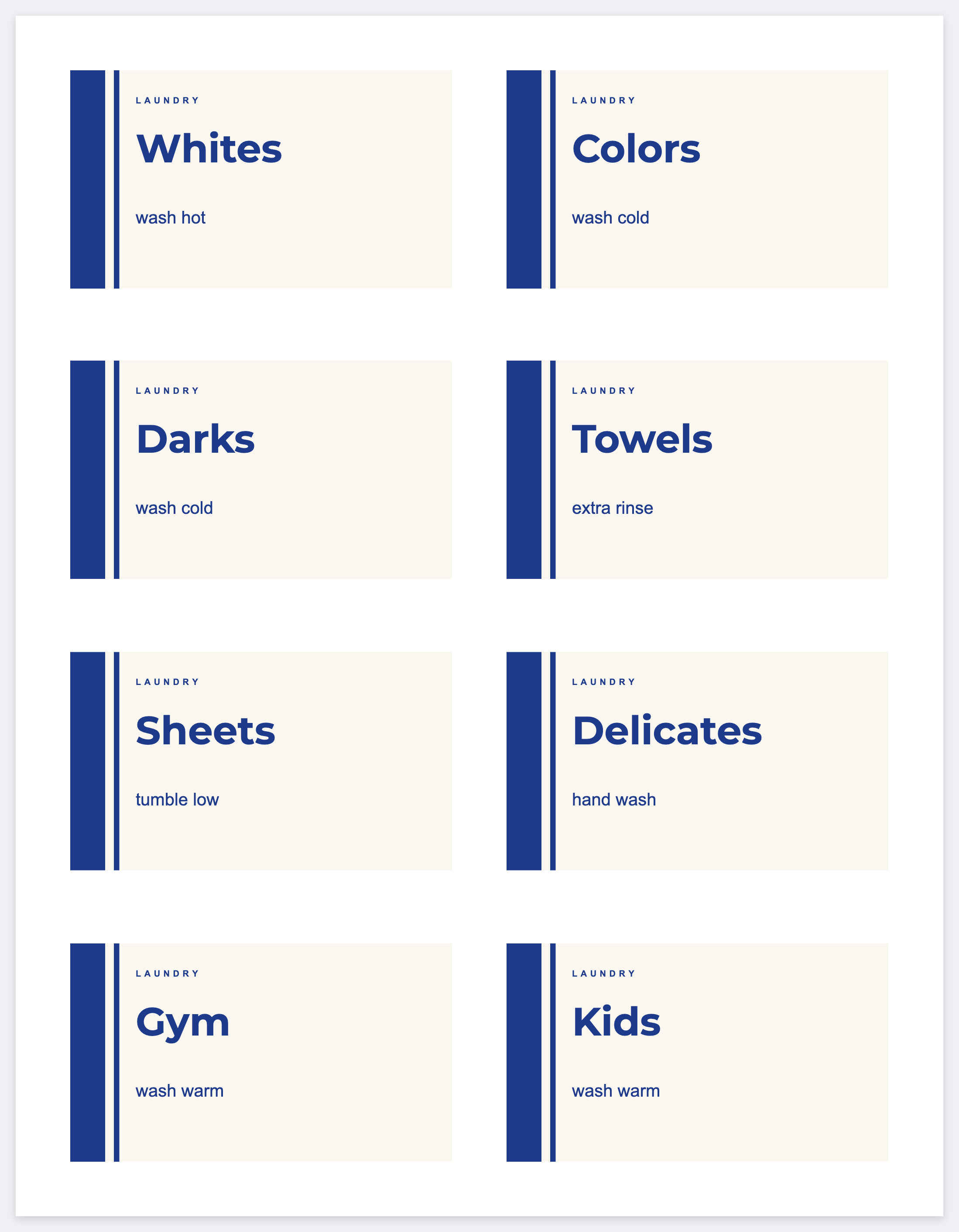 Eight laundry labels on a letter page