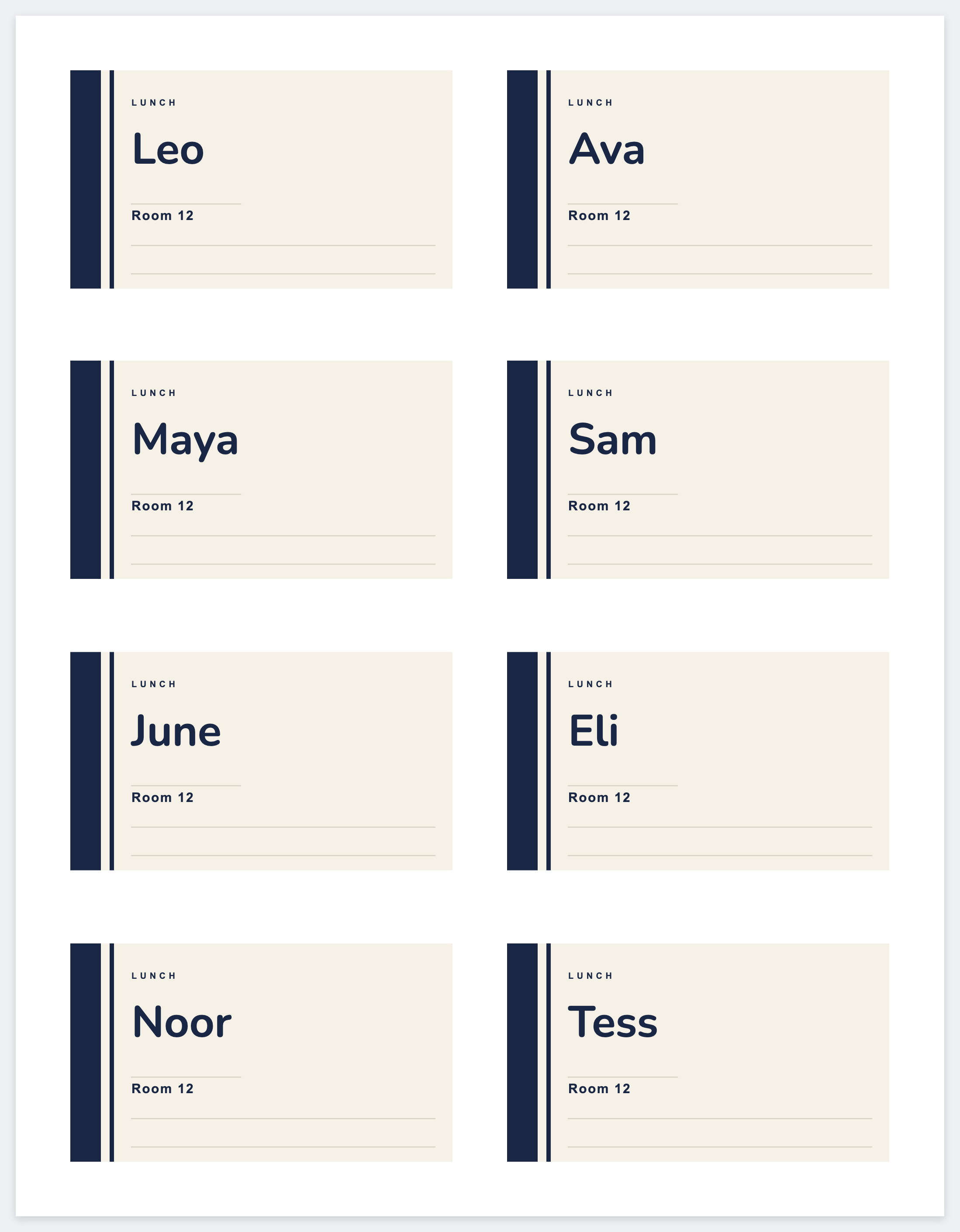 Eight lunch name labels on a letter page