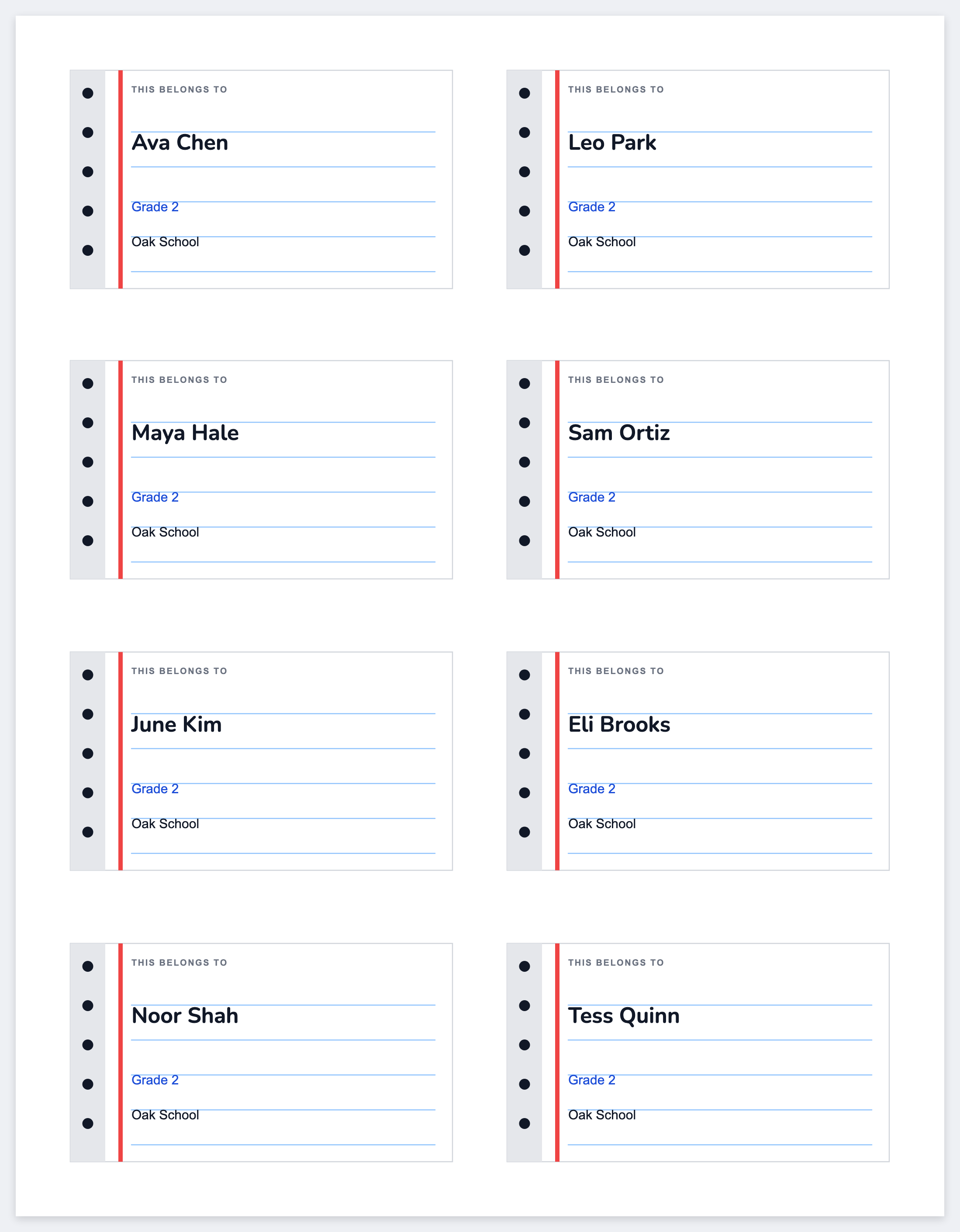 Eight name labels on a letter page
