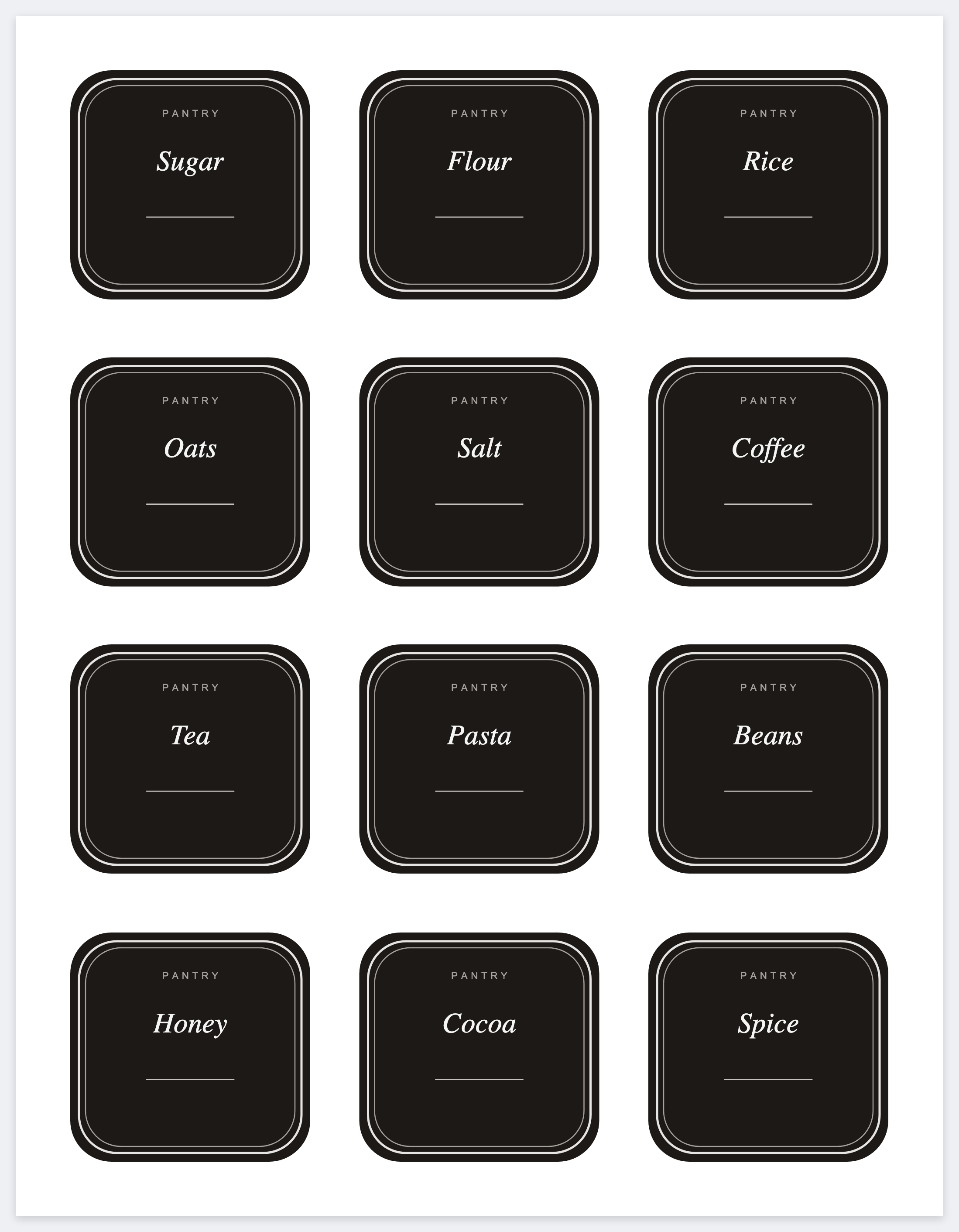 Twelve pantry labels on a letter page
