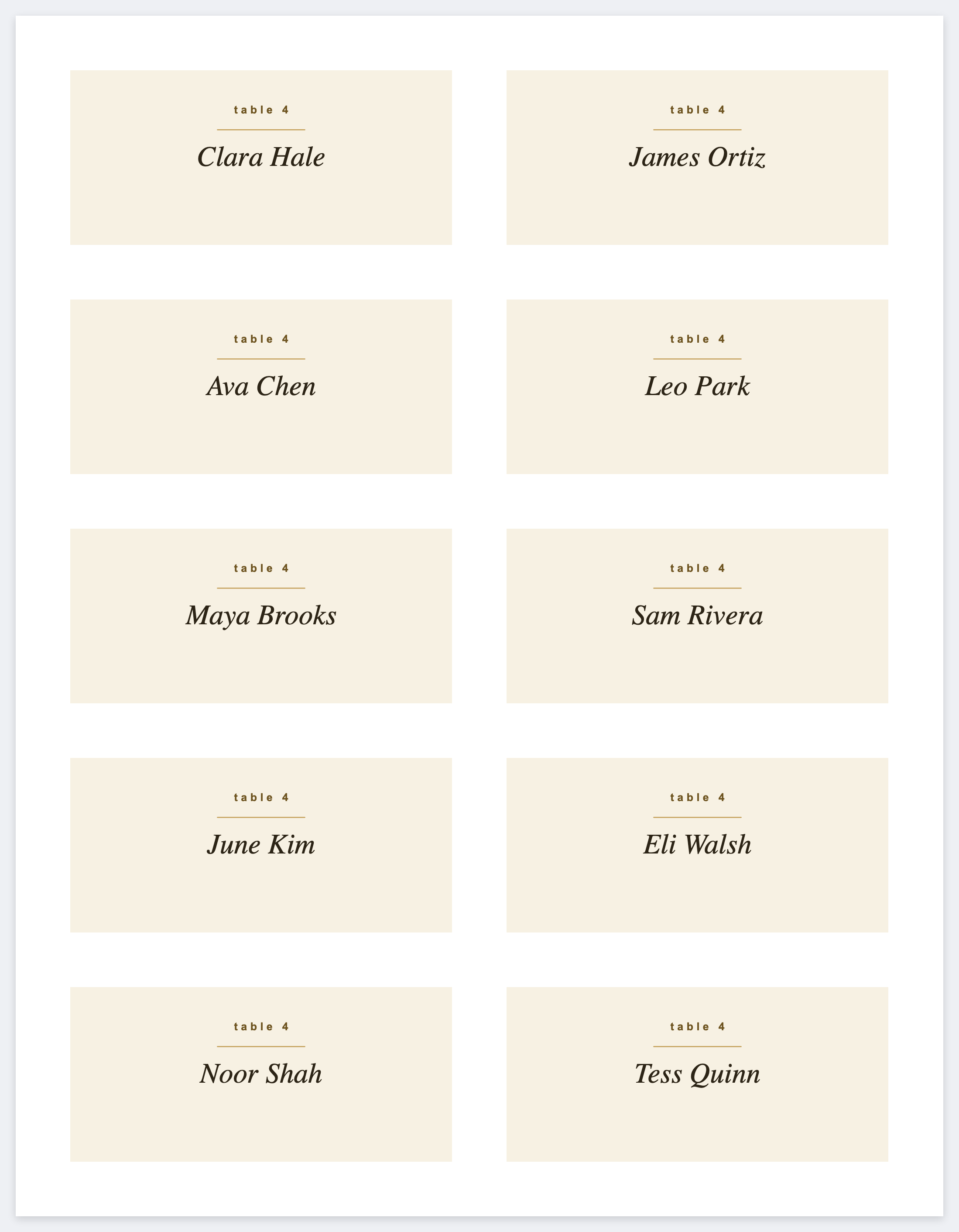 Ten place cards on a letter page