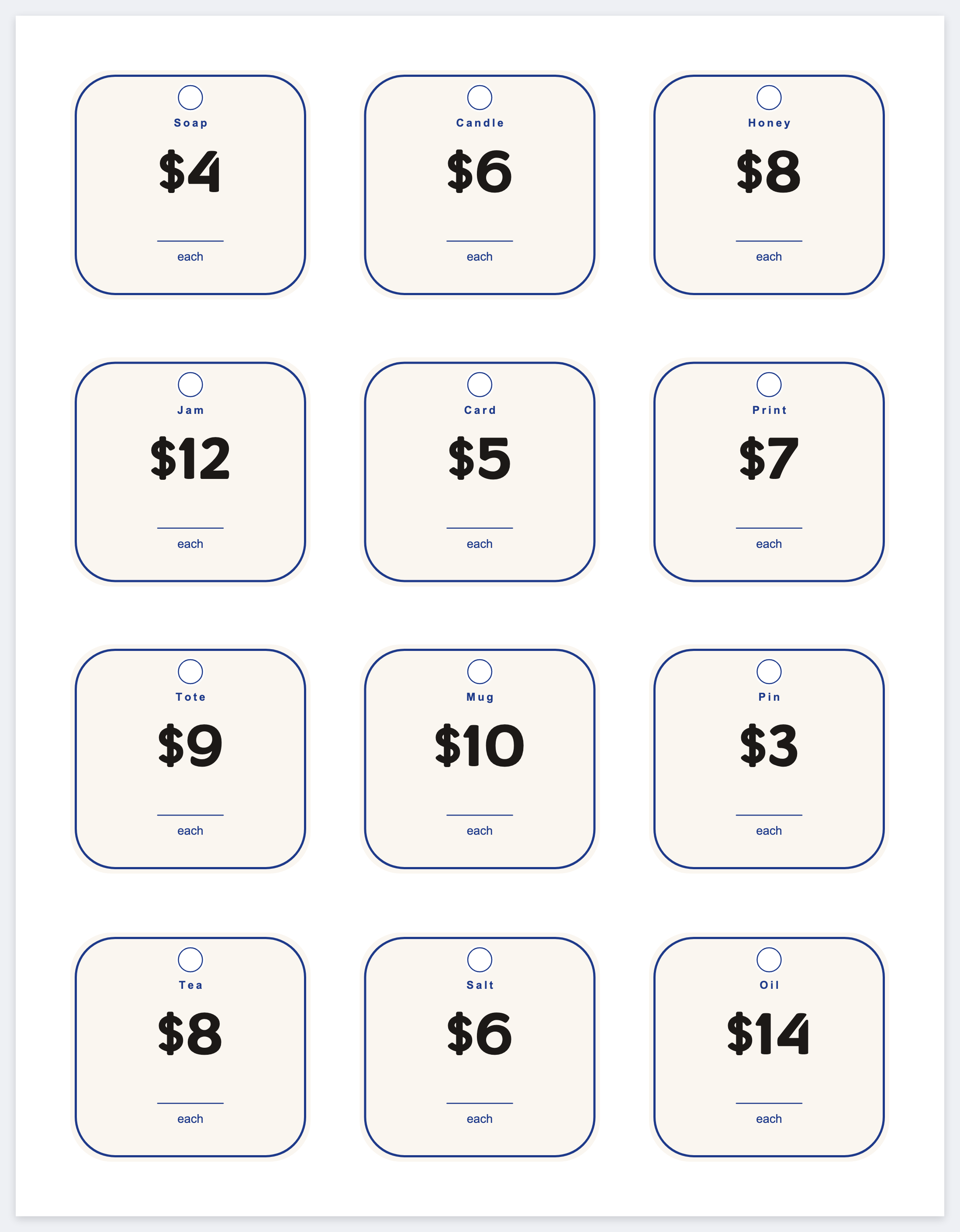 Twelve price tags on a letter page