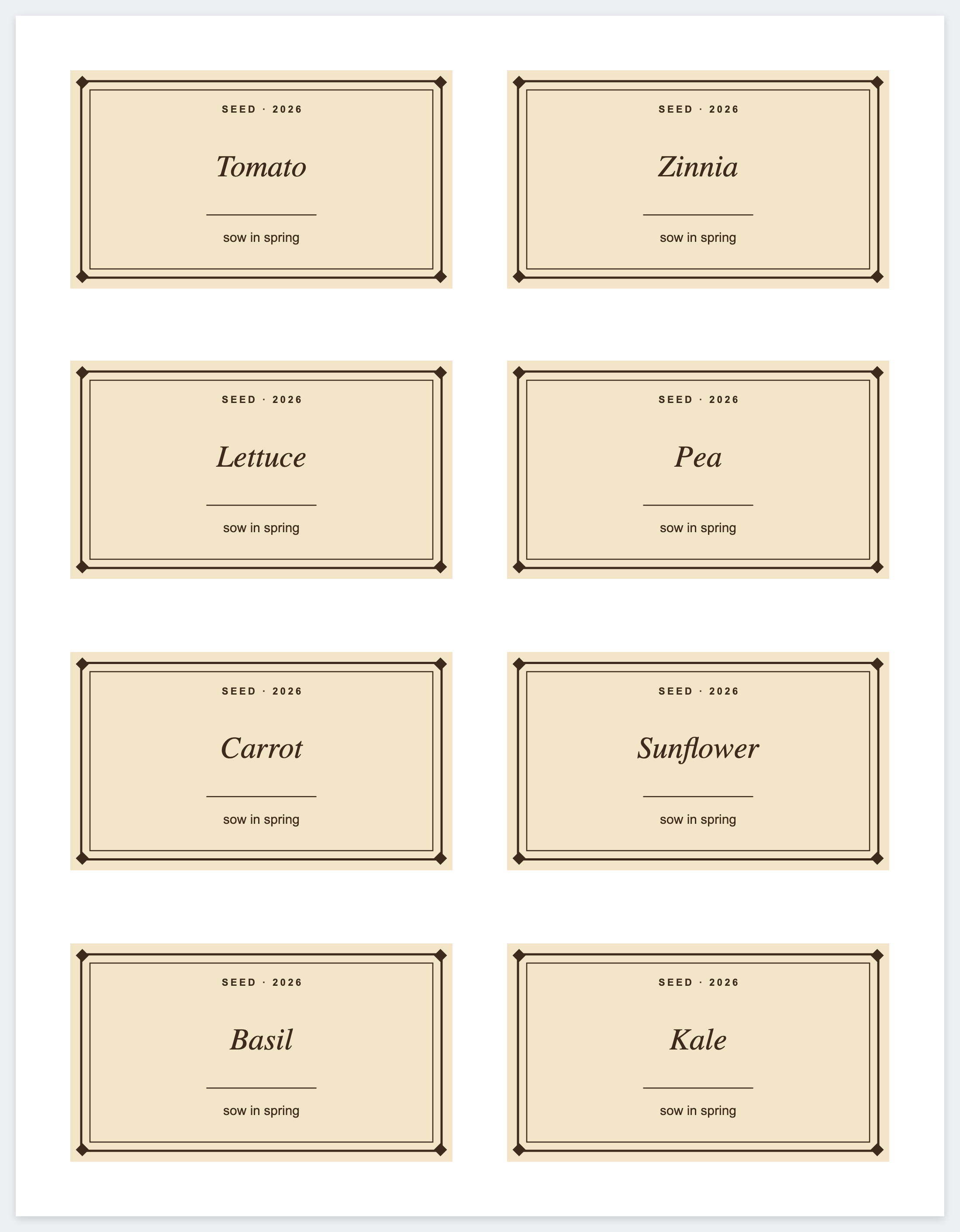 Eight seed packets on a letter page