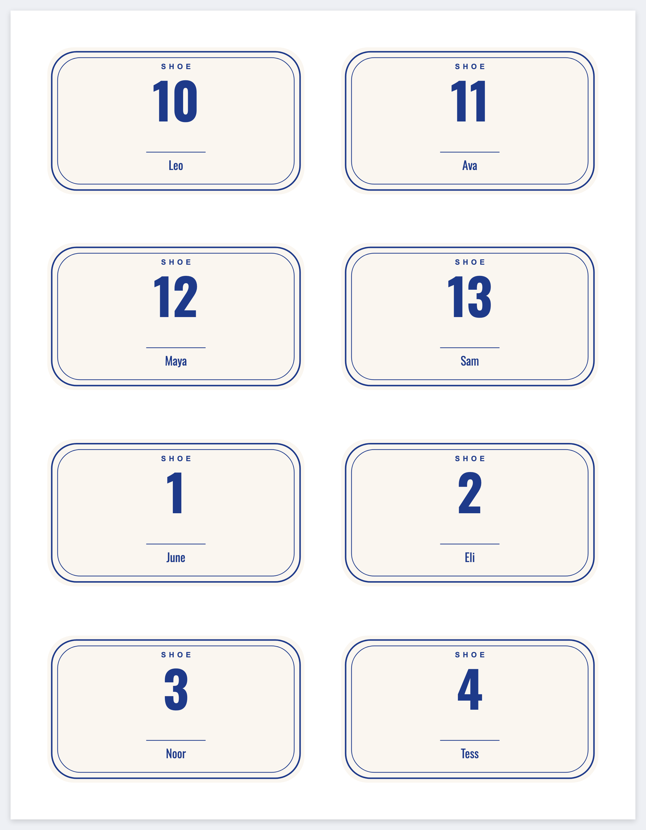 Eight shoe size labels on a letter page