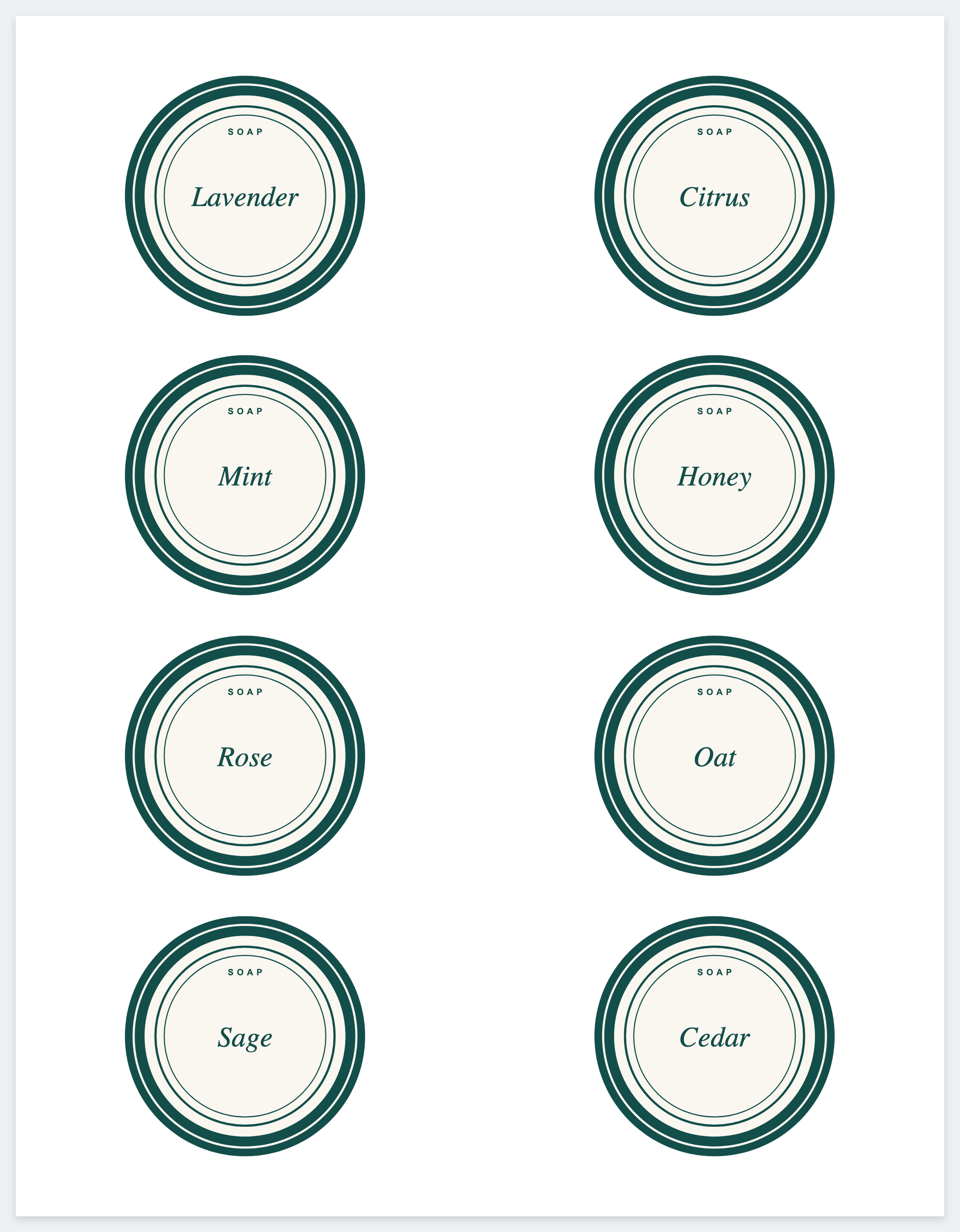 Eight soap lids on a letter page