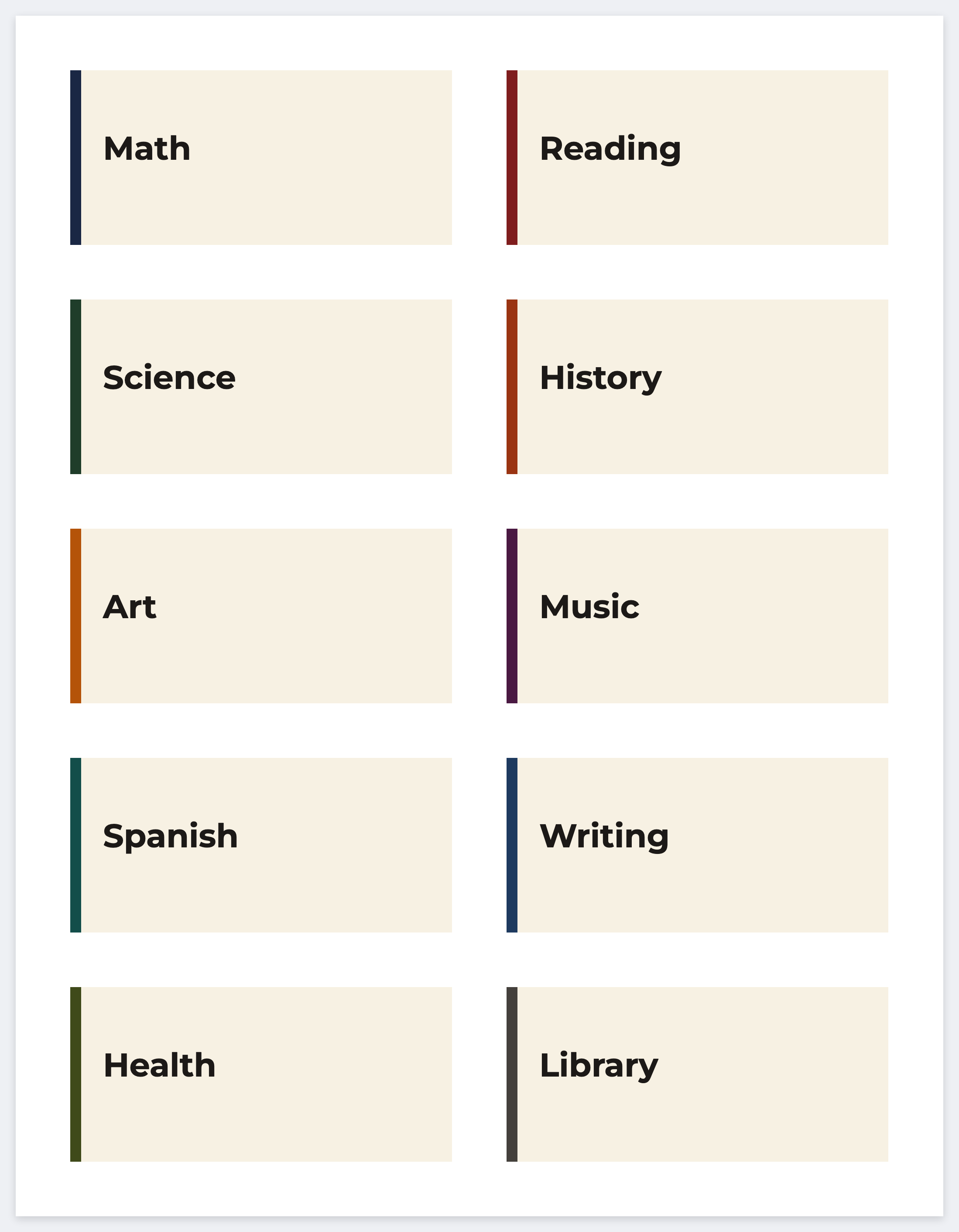 Ten subject labels on a letter page