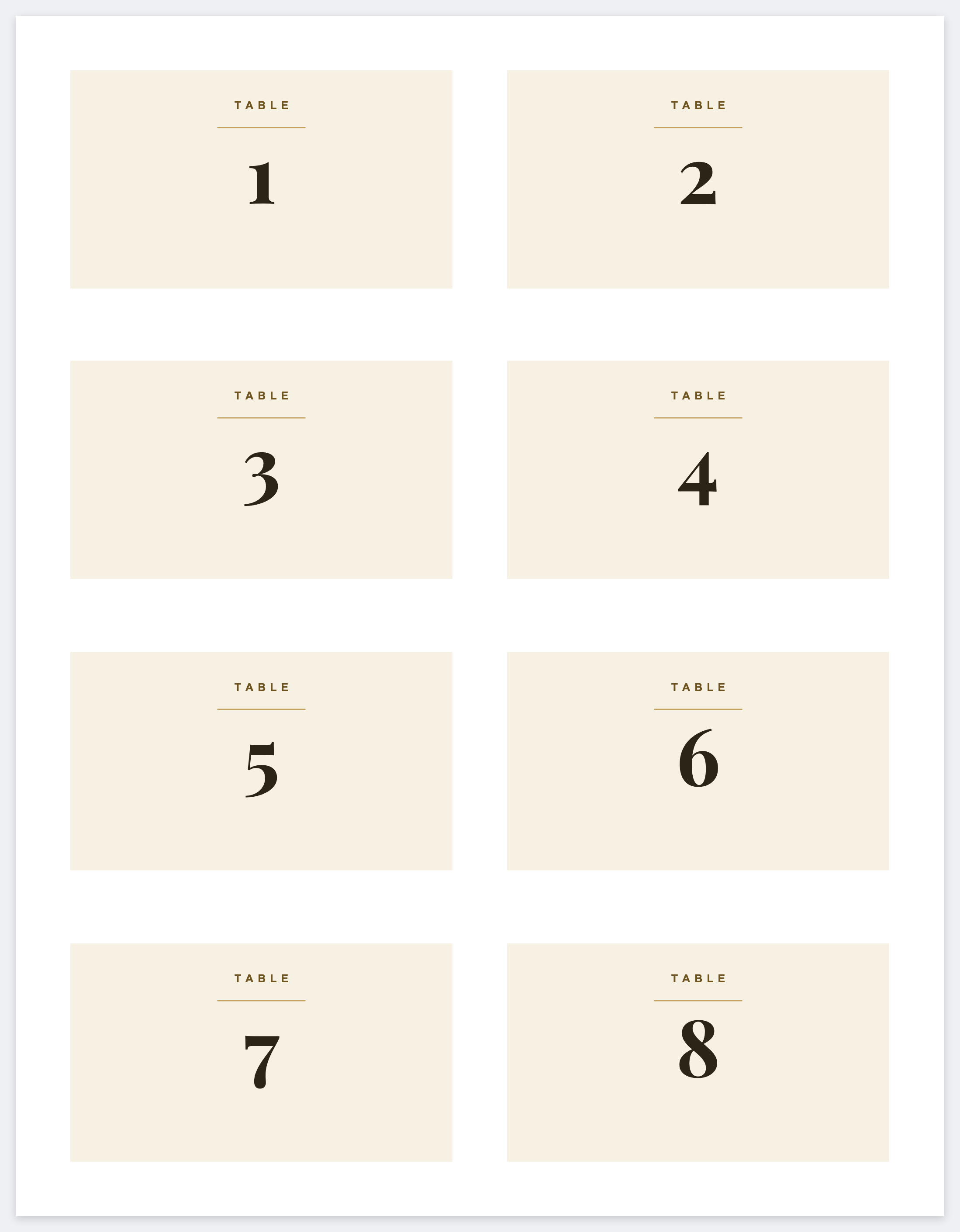 Eight table numbers on a letter page