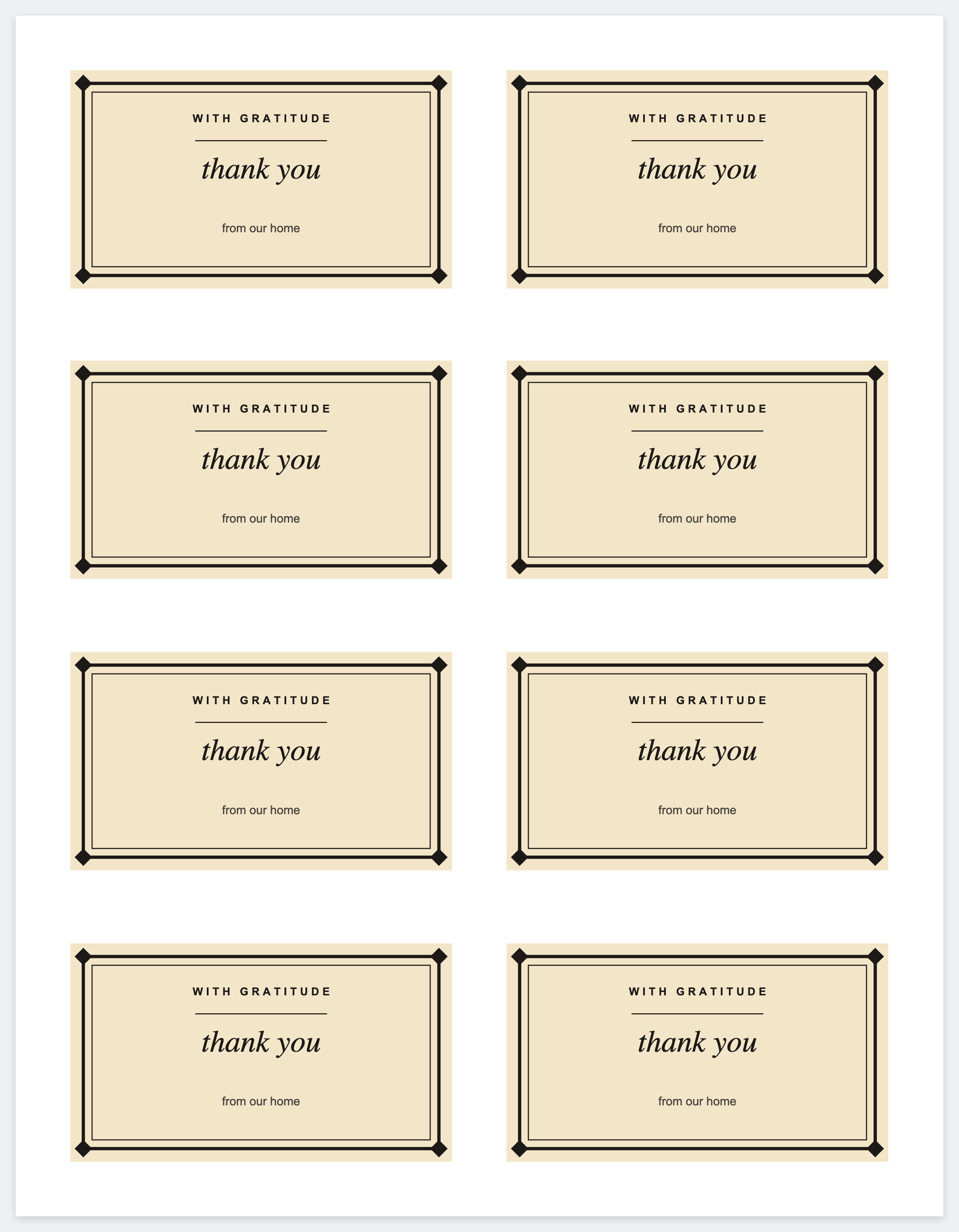 Eight thank-you seals on a letter page