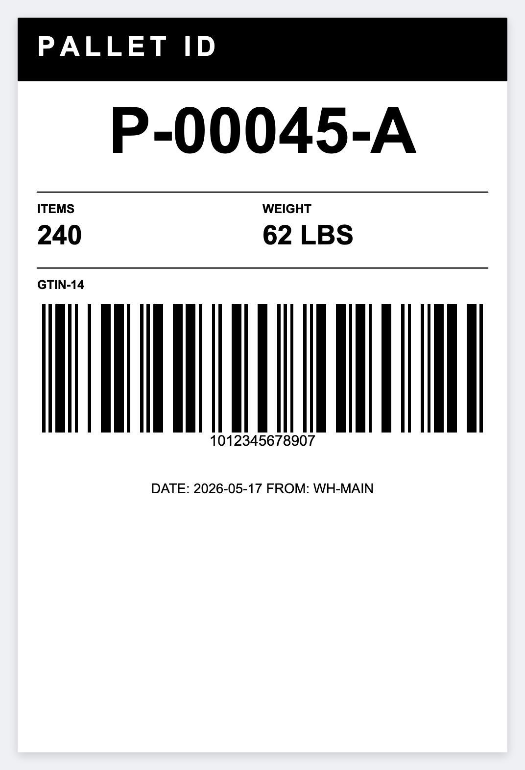 Pallet ID sample from the free label maker