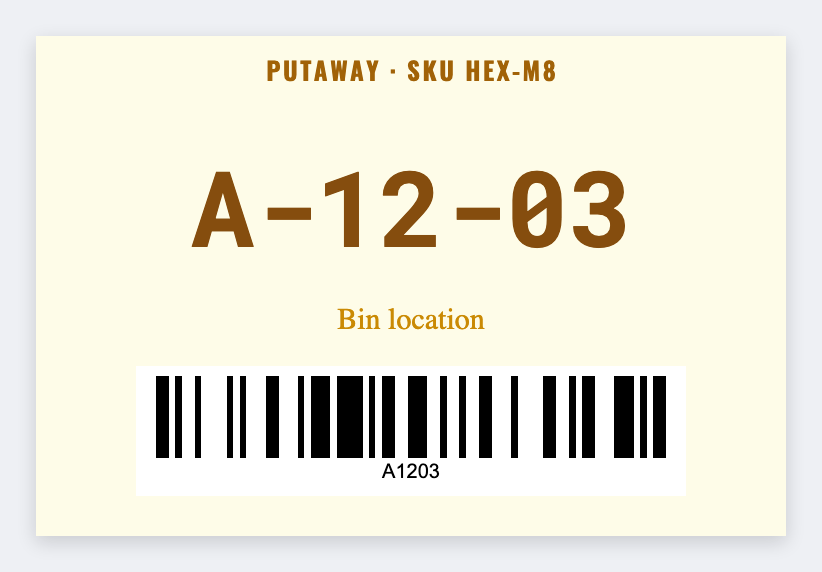 Putaway sample from the free label maker