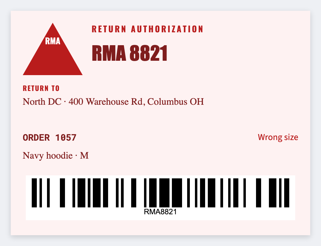 RMA return sample from the free label maker