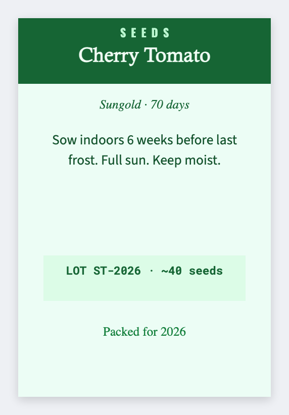 Seed packet sample from the free label maker