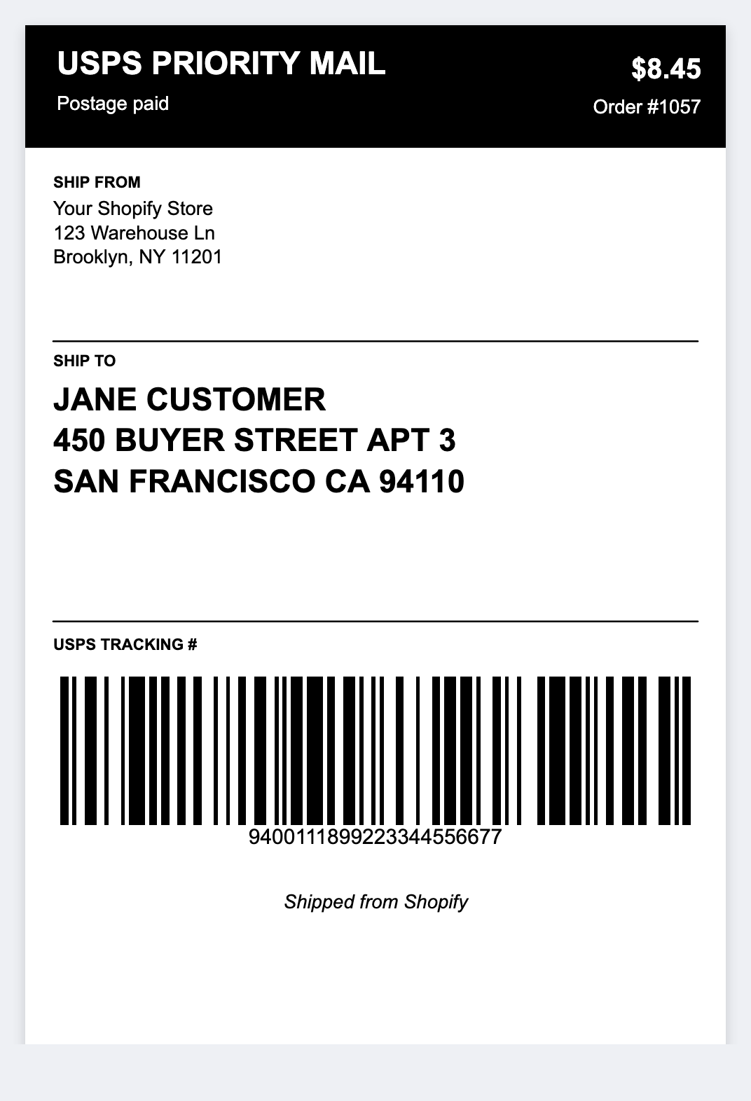 Shopify shipping sample from the free label maker