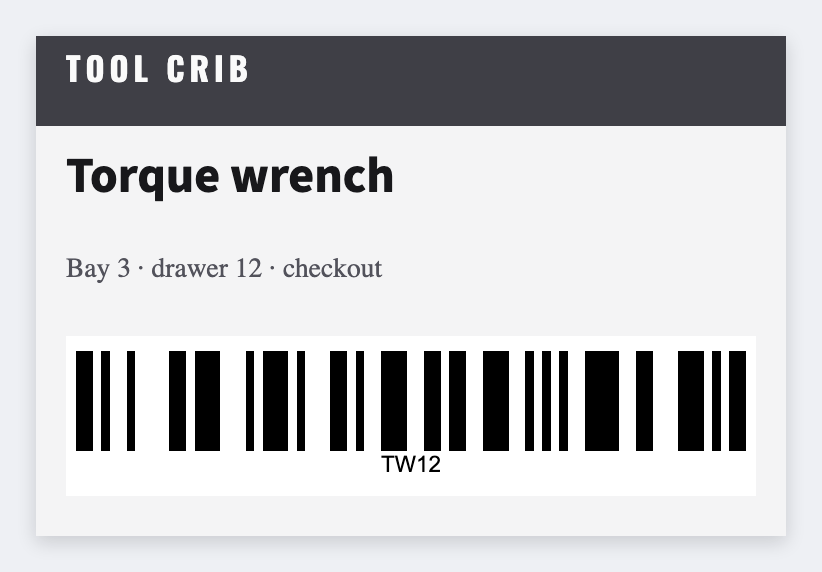 Tool crib sample from the free label maker