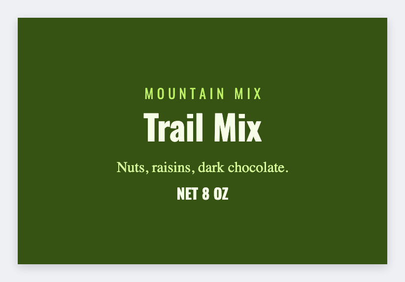 Trail mix sample from the free label maker