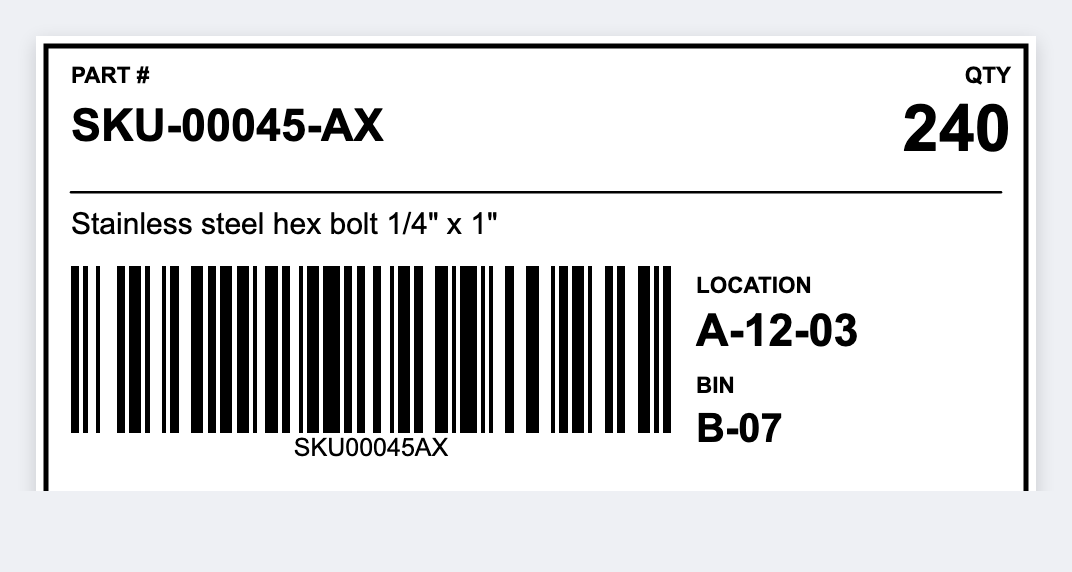 Warehouse inventory sample from the free label maker